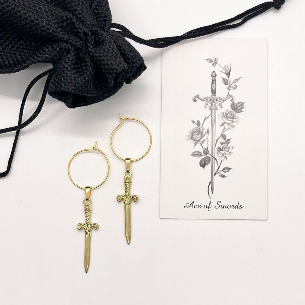 Small (20mm) 14k Gold Drop Hoop Earrings with Excalibur Sword Pendants